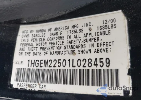 2001 Honda Civic Lx z USA, uszkodzony, nr VIN 1HGEM22501L028459